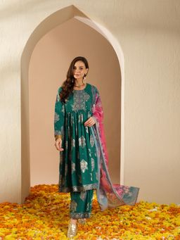 Ziyaa - Green Chinon Flared Kurta with Palazzo & Dupatta (Set of 3)