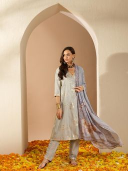 Ziyaa - Grey Chinon Flared Kurta with Pant & Dupatta (Set of 3)