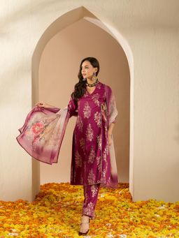 Ziyaa - Magenta Chinon Flared Kurta with Pant & Dupatta (Set of 3)