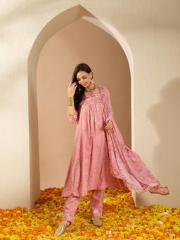 Ziyaa - Pink Chinon Flared Kurta with Pant & Dupatta (Set of 3)