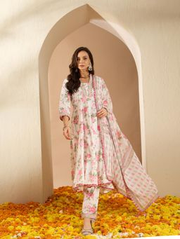 Ziyaa - Off-White Cotton Flared Kurta with Pant & Dupatta (Set of 3)