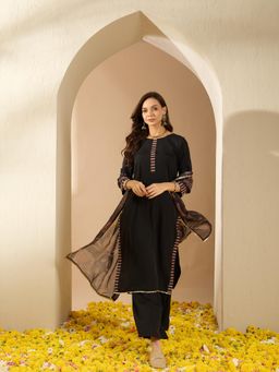 Ziyaa - Women Black Crepe Straight Kurta with Palazzo & Dupatta (Set of 3)
