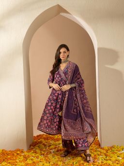 Ziyaa - Purple Georgette Flared Kurta with Palazzo & Dupatta (Set of 3)