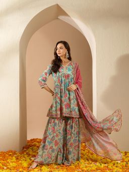 Ziyaa - Mint Georgette Flared Kurta with Sharara & Dupatta (Set of 3)