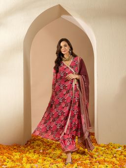 Ziyaa - Brown Georgette Flared Kurta with Palazzo & Dupatta (Set of 3)
