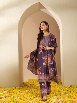 Ziyaa - Purple Summer Cool Straight Kurta with Palazzo & Dupatta (Set of 3)