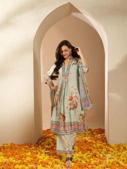 Ziyaa - Green Summer Cool Flared Kurta with Palazzo & Dupatta (Set of 3)