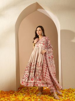 Ziyaa - Cream Satin Flared Kurta with Pant & Dupatta (Set of 3)