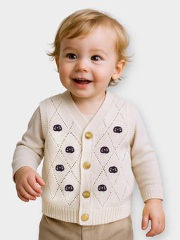 Mi Arcus - Girls Cream Embroidered V Neck Sleeveless Cardigan