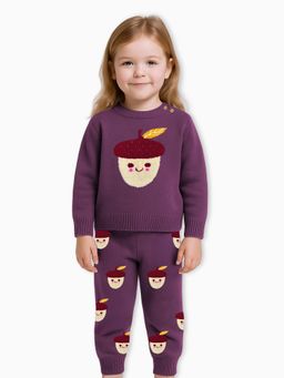Mi Arcus - Girls Purple Knitted Round Neck Full Sleeves Sweater & Pyjama (Set of 2)