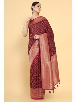Soch - Women Maroon Silk Printed Saree with Unstitched Blouse
