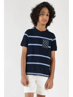 One Friday - Boys Navy Blue Regular Fit Short Sleeve Striped T-Shirt