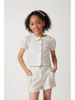 One Friday - Girls Off-White Regular Fit Short Sleeve Self Design Top
