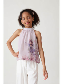 One Friday - Girls Lavender Flared Sleeveless Fairy Print Top