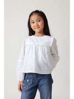 One Friday - Girls White Regular Fit Full Sleeve Embroidered Top