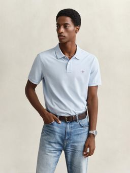 GANT - Men Light Blue Solid Shield Pique Polo T-shirt