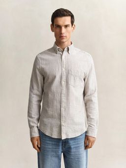 GANT - Men Beige Cotton Linen Striped Shirt