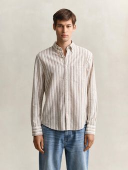 GANT - Men Beige Cotton Linen Striped Shirt