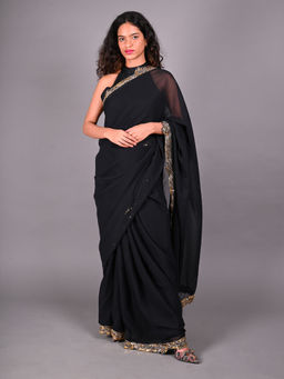 Odette - Black Georgette Gold Solid Embroidered Saree For Women with Unstitched Blouse