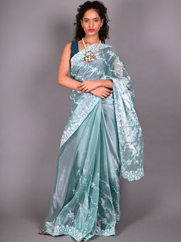 Odette - Green Chiffon Silk Embellished Saree For Women with Unstitched Blouse