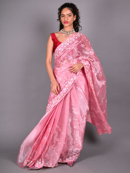 Odette - Pink Chiffon Silk Embellished Saree For Women with Unstitched Blouse