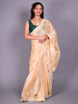 Odette - Beige Chiffon Silk Embellished Saree For Women with Unstitched Blouse