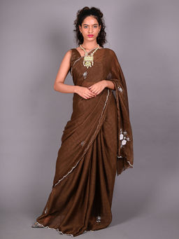 Odette - Brown Silk Blend Embroidered Saree For Women with Unstitched Blouse