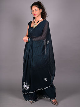 Odette - Teal Silk Blend Embroidered Saree For Women with Unstitched Blouse