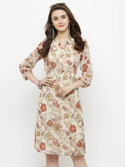 Sera - Beige Floral Print Knee Length Dress