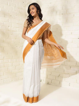 Fabindia - White Cotton Silk Blend Woven Saree without Blouse