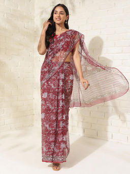 Fabindia - Maroon Cotton Silk Printed Saree without Blouse