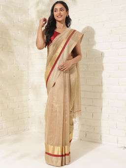 Fabindia - Beige Cotton Silk Blend Maheshwari Sari