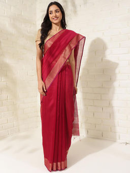 Fabindia - Wine Cotton Silk Blend Maheshwari Sari