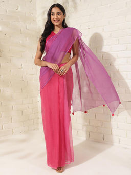 Fabindia - Pink Cotton Silk Ombre- Woven Saree without Blouse