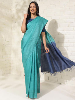 Fabindia - Teal Silk Blend Striped Sari