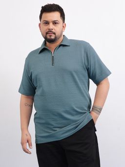 UNSTD - Men Plus Size Blue Textured Zipper Mooncrush Polo T-Shirt