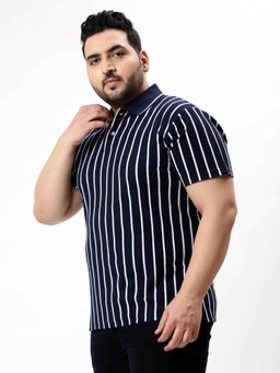 UNSTD - Men Plus Size Navy Blue Striped Premium Polo T-Shirt