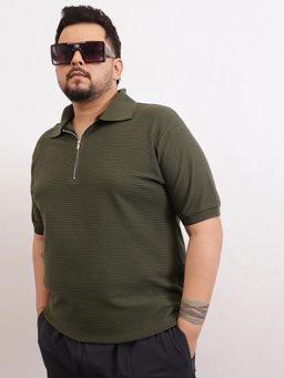 UNSTD - Men Plus Size Olive Textured Zipper Polo T-Shirt
