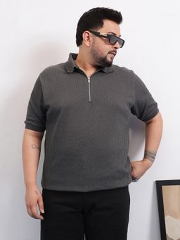 UNSTD - Men Plus Size Grey Textured Zipper Polo T-Shirt