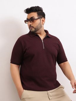 UNSTD - Men Plus Size Wine Textured Zipper Polo T-Shirt
