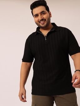 UNSTD - Men Plus Size Black Textured Zipper Polo T-Shirt