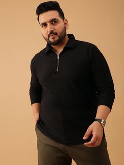 UNSTD - Men Plus Size Black Textured Zipper Polo T-Shirt