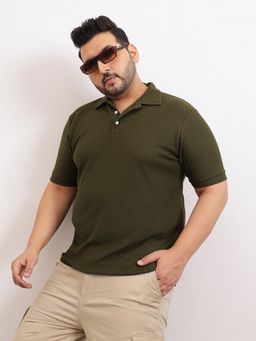 UNSTD - Men Plus Size Olive Solid Cotton Polo T-Shirt