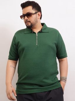 UNSTD - Men Plus Size Green Checked Textured Zipper Polo T-Shirt