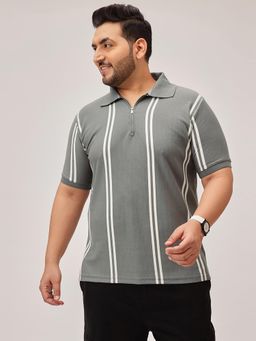 UNSTD - Men Plus Size Grey Stripes Zipper Polo T-Shirt
