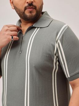 UNSTD - Men Plus Size Olive Stripes Zipper Polo T-Shirt