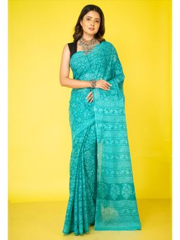Unnati Silks - Turquoise Pure Block Printed Superfine Mulmul Cotton Saree with Unstitched Blouse