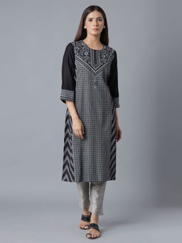 W - Black Floral Print Straight Kurta