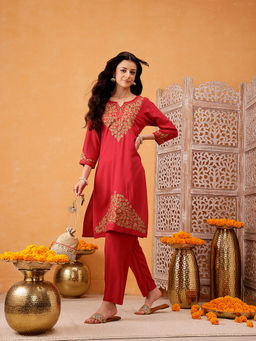 QAZMI - Womens Dilnaz Kashmiri Zari Work Red Kurta with Pant