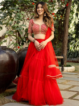 Lavanya The Label - Red Net Gota Lehenga (Set of 3)